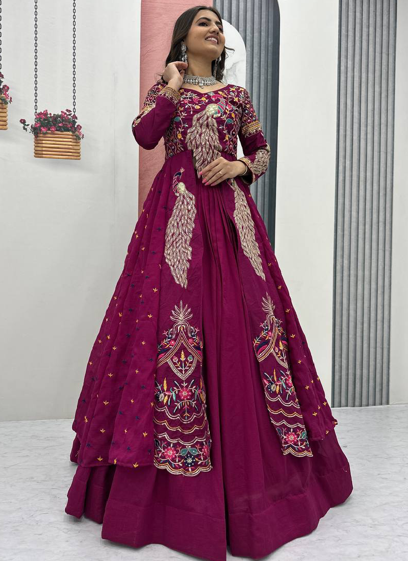Awesome Heavy Zari Embroidered Vichitra Silk Purple Crop Top Lehenga