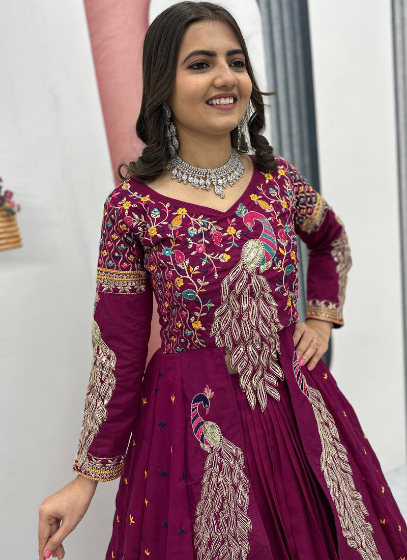 Awesome Heavy Zari Embroidered Vichitra Silk Purple Crop Top Lehenga