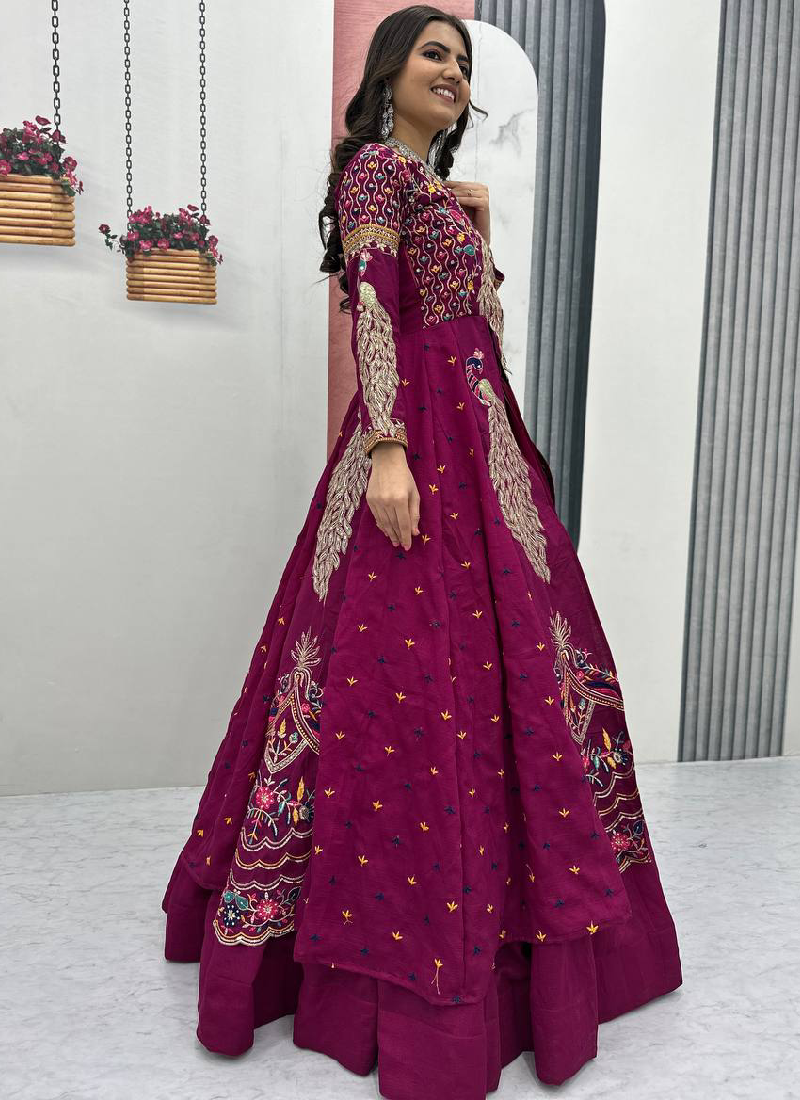 Awesome Heavy Zari Embroidered Vichitra Silk Purple Crop Top Lehenga