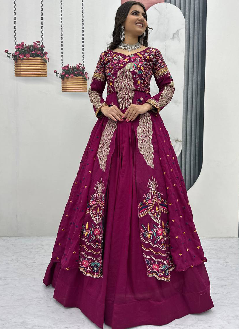 Awesome Heavy Zari Embroidered Vichitra Silk Purple Crop Top Lehenga