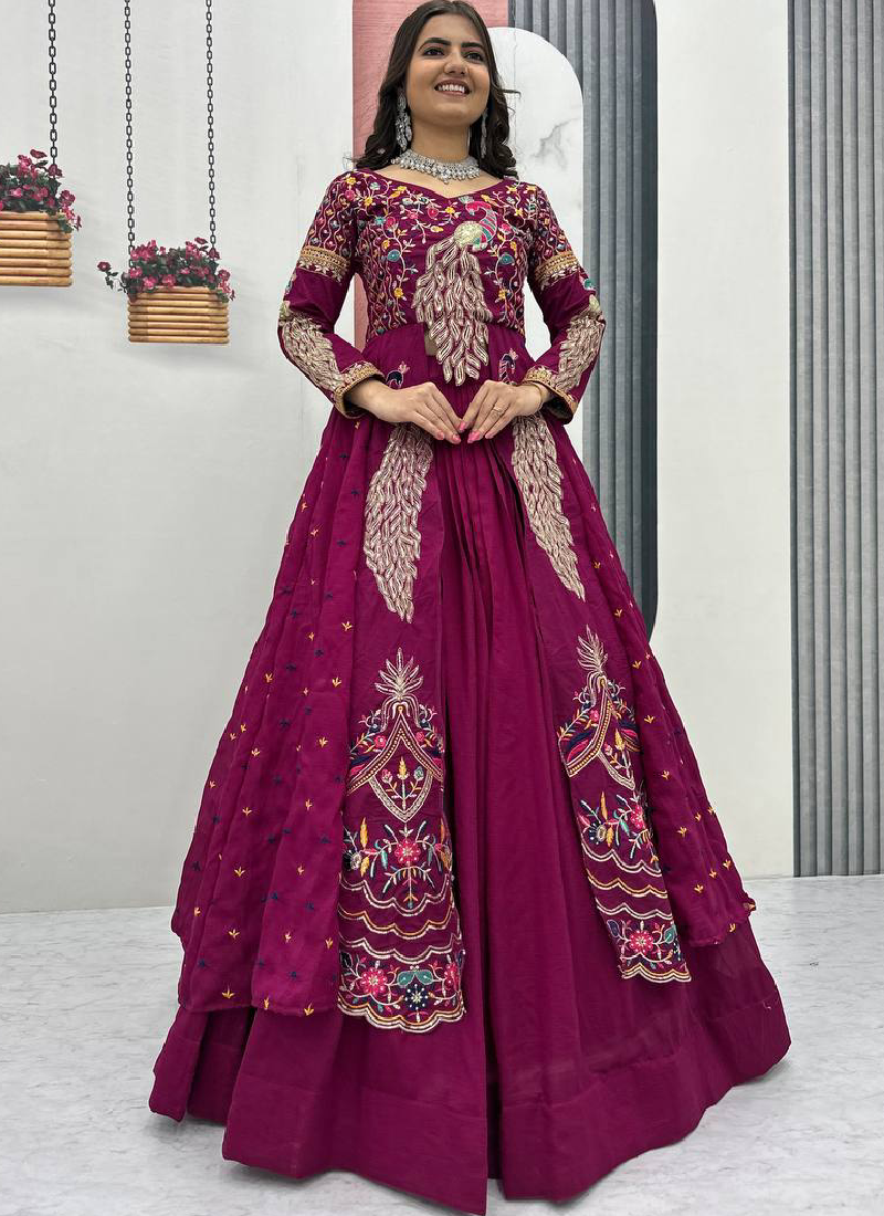 Awesome Heavy Zari Embroidered Vichitra Silk Purple Crop Top Lehenga