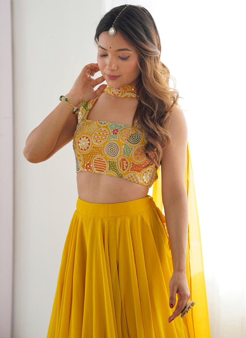 Designer Yellow Haldi Special Georgette Lehenga Choli With Dupatta Set