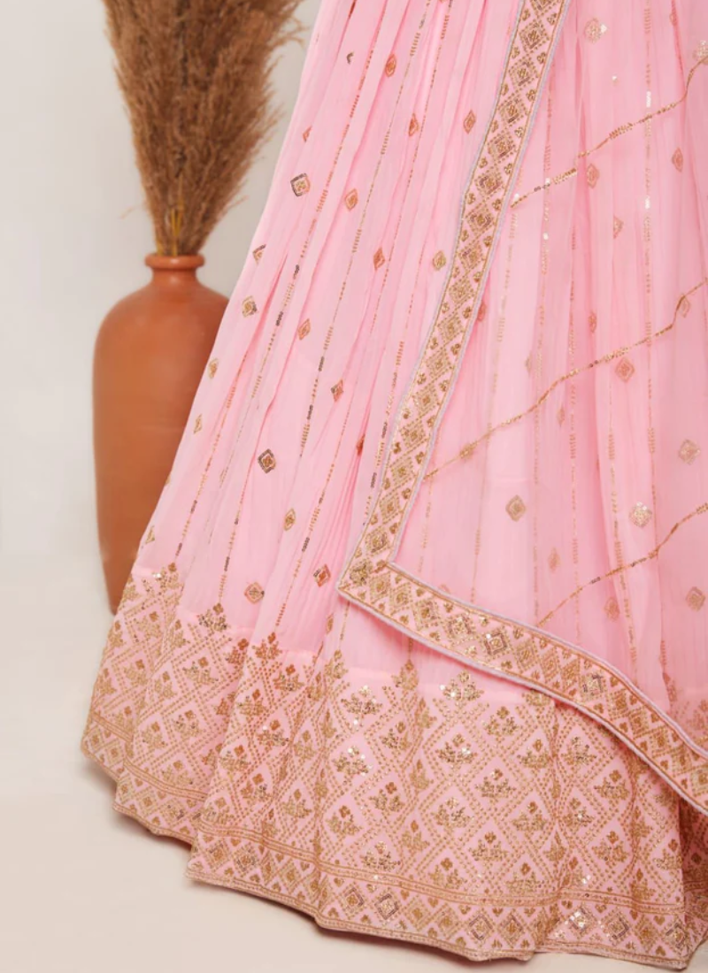 Baby Pink Zari Embroidered Crush Pattern Georgette Lehenga Choli