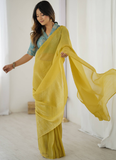 Banarasi Silk Blouse With Ready To Wear Silk Haldi Festive Yellow Sari