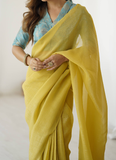 Banarasi Silk Blouse With Ready To Wear Silk Haldi Festive Yellow Sari