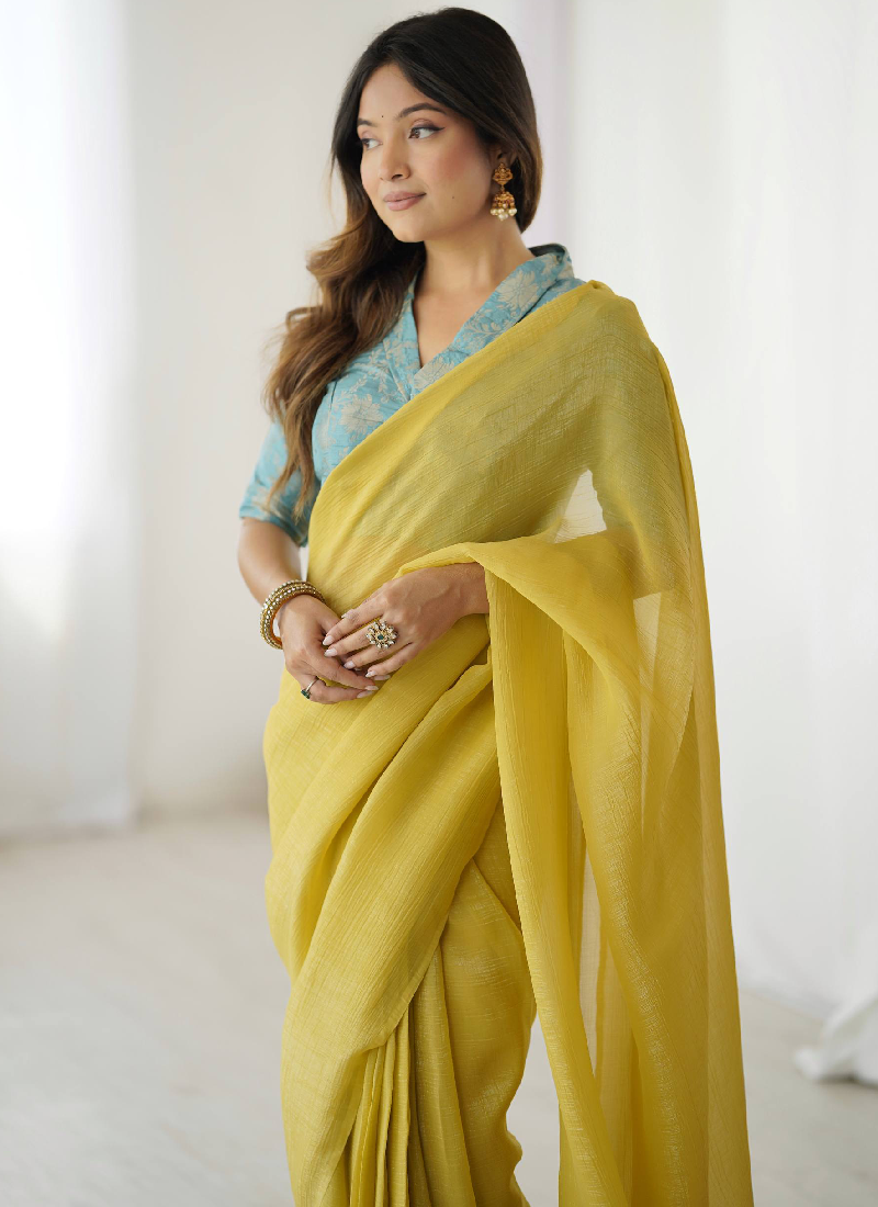 Banarasi Silk Blouse With Ready To Wear Silk Haldi Festive Yellow Sari