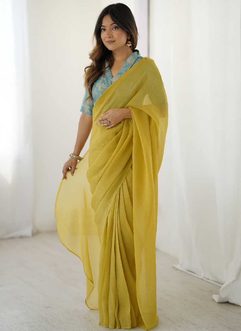 Banarasi Silk Blouse With Ready To Wear Silk Haldi Festive Yellow Sari