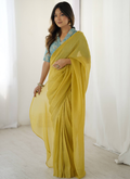Banarasi Silk Blouse With Ready To Wear Silk Haldi Festive Yellow Sari