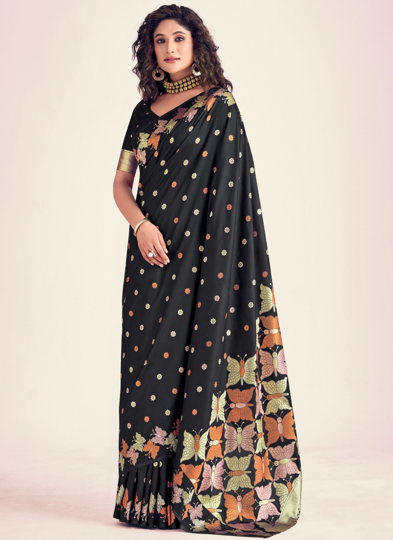 Banarasi Silk Zari Weaving Black Reception Wear Saree With Blouse