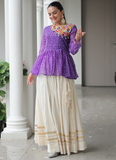 Bandhani Print Gamthi Work Kediya With Off White Lehenga For Navratri