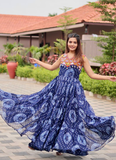 Bandhani Print Georgette Blue Ruffle Style Gamthi Work Gown For Garba