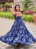 Bandhani Print Georgette Blue Ruffle Style Gamthi Work Gown For Garba