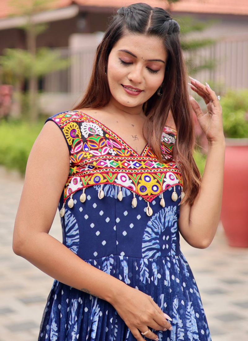 Bandhani Print Georgette Blue Ruffle Style Gamthi Work Gown For Garba