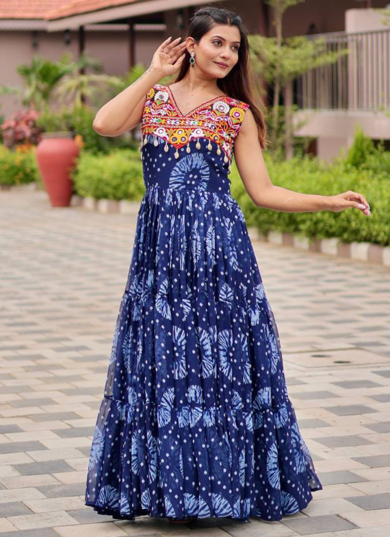 Bandhani Print Georgette Blue Ruffle Style Gamthi Work Gown For Garba