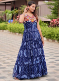 Bandhani Print Georgette Blue Ruffle Style Gamthi Work Gown For Garba
