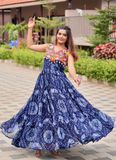 Bandhani Print Georgette Blue Ruffle Style Gamthi Work Gown For Garba