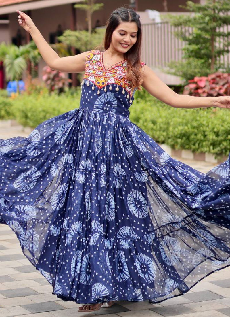 Bandhani Print Georgette Blue Ruffle Style Gamthi Work Gown For Garba