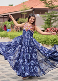 Bandhani Print Georgette Blue Ruffle Style Gamthi Work Gown For Garba