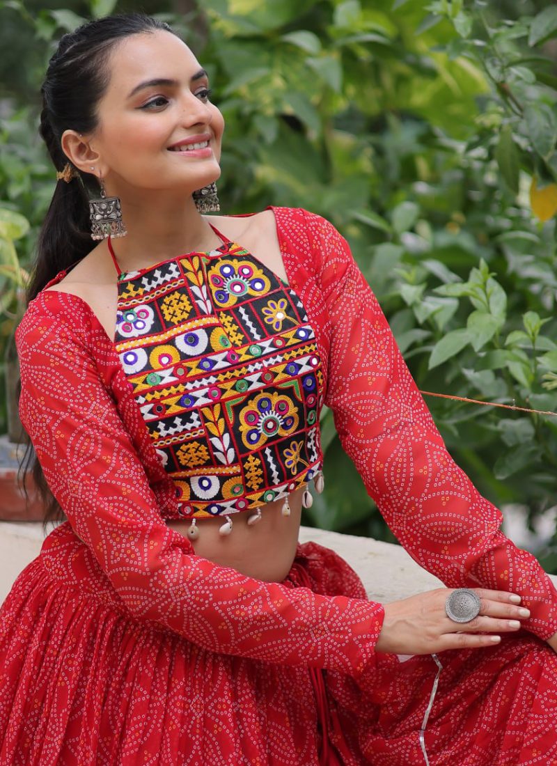 Bandhani Printed Georgette Navratri Special Red Ghagra Choli Set