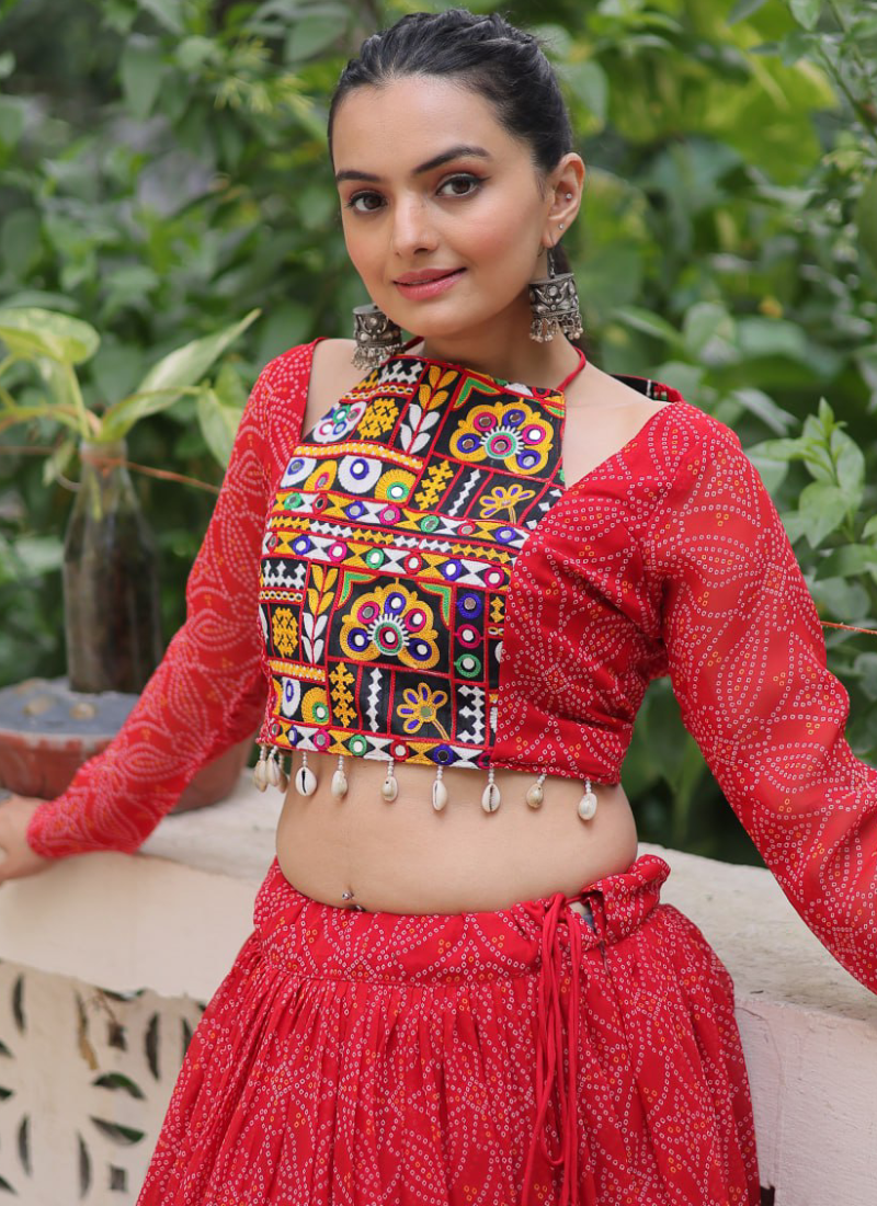 Bandhani Printed Georgette Navratri Special Red Ghagra Choli Set