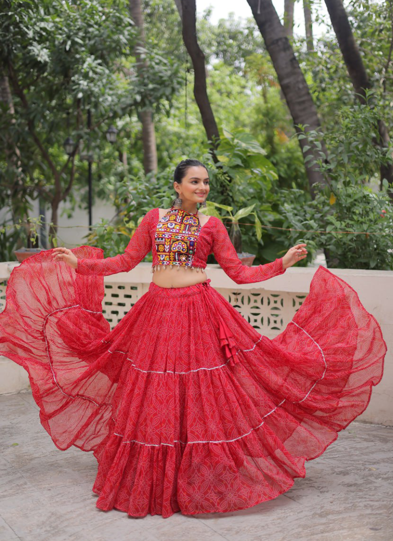Bandhani Printed Georgette Navratri Special Red Ghagra Choli Set
