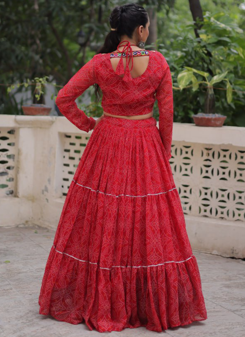 Bandhani Printed Georgette Navratri Special Red Ghagra Choli Set