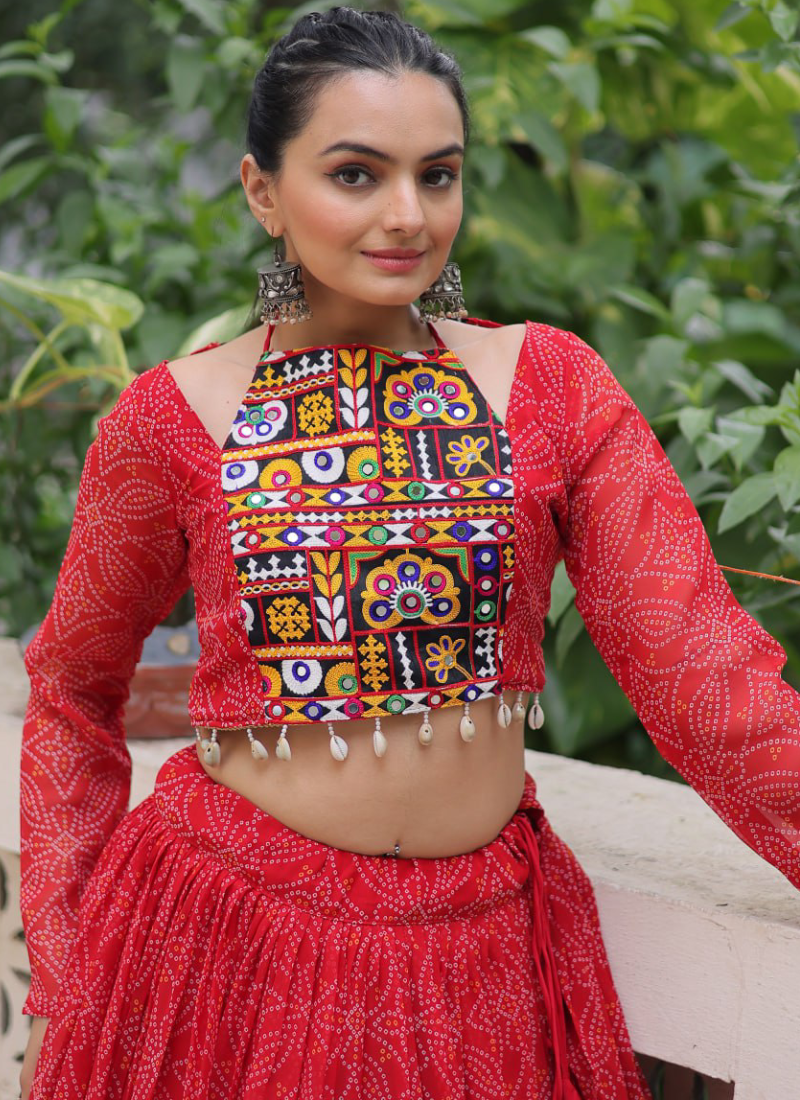 Bandhani Printed Georgette Navratri Special Red Ghagra Choli Set