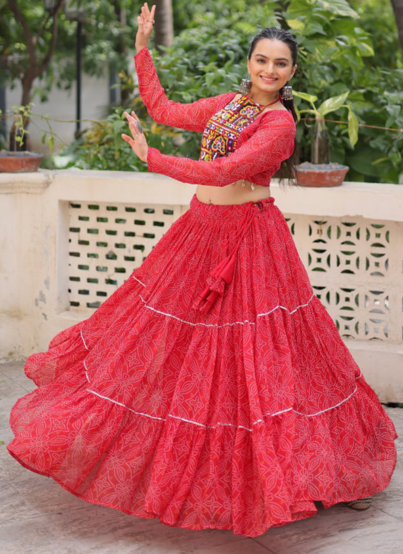 Bandhani Printed Georgette Navratri Special Red Ghagra Choli Set