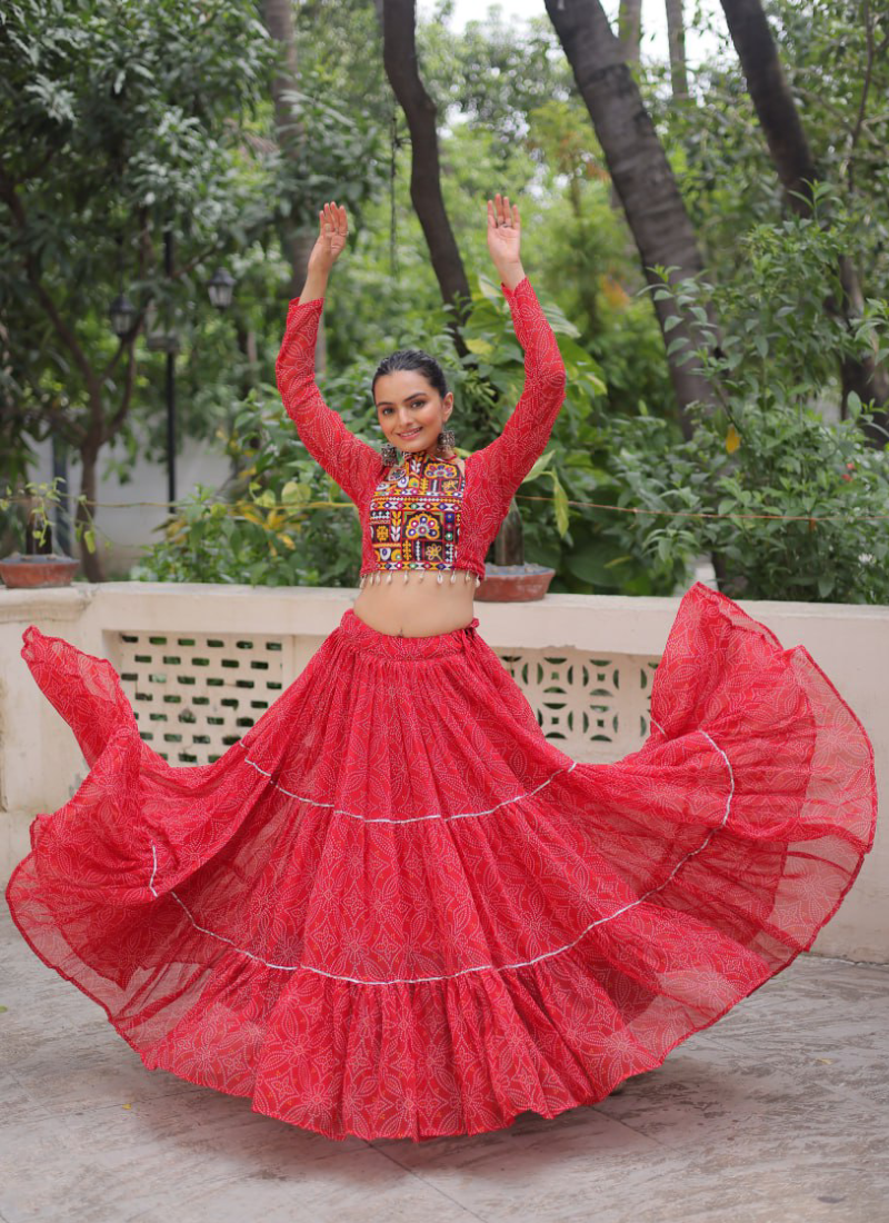 Bandhani Printed Georgette Navratri Special Red Ghagra Choli Set