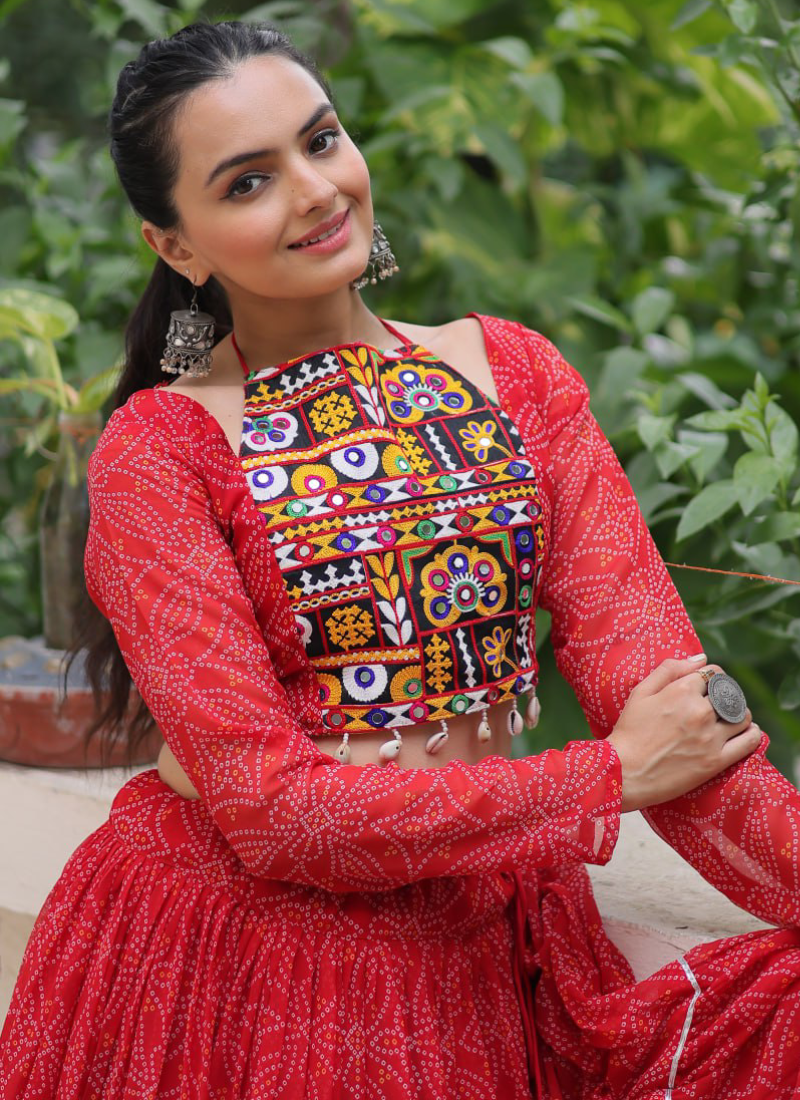 Bandhani Printed Georgette Navratri Special Red Ghagra Choli Set