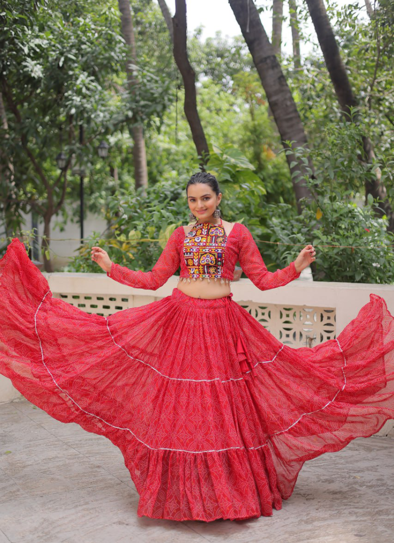 Bandhani Printed Georgette Navratri Special Red Ghagra Choli Set