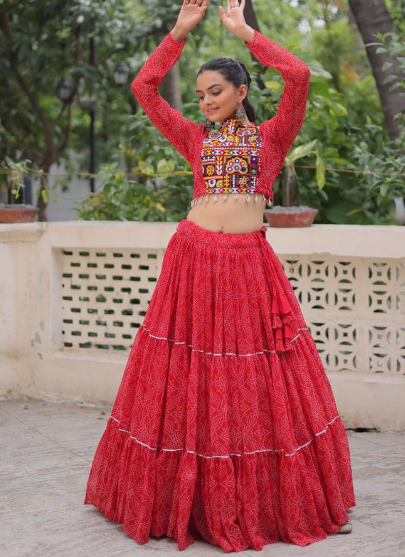Bandhani Printed Georgette Navratri Special Red Ghagra Choli Set