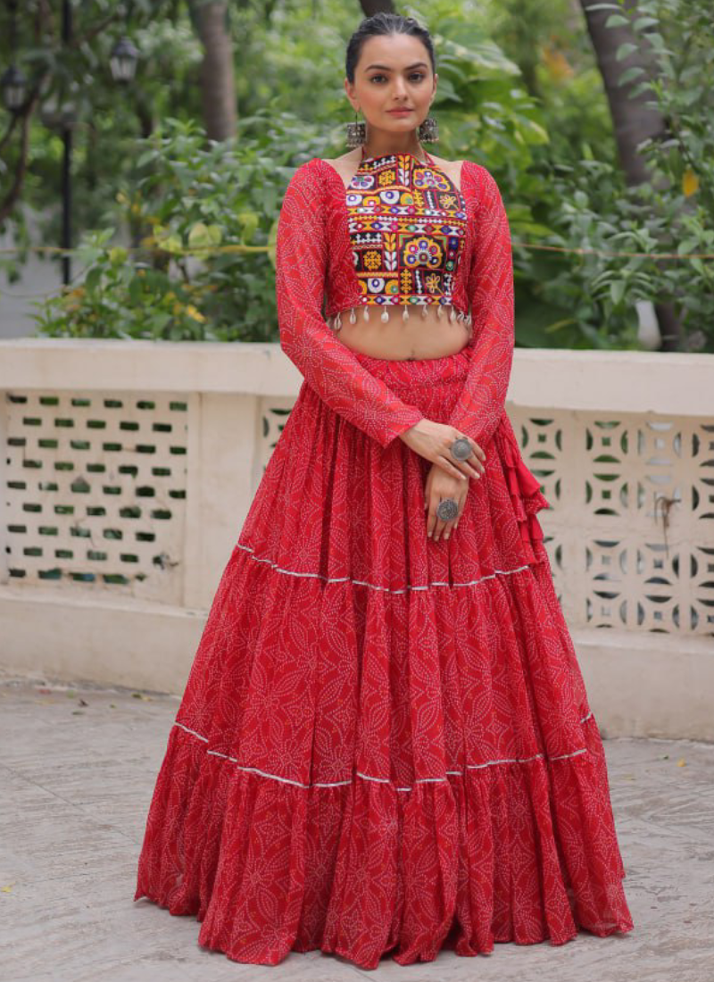 Bandhani Printed Georgette Navratri Special Red Ghagra Choli Set