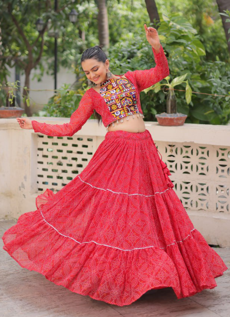 Bandhani Printed Georgette Navratri Special Red Ghagra Choli Set