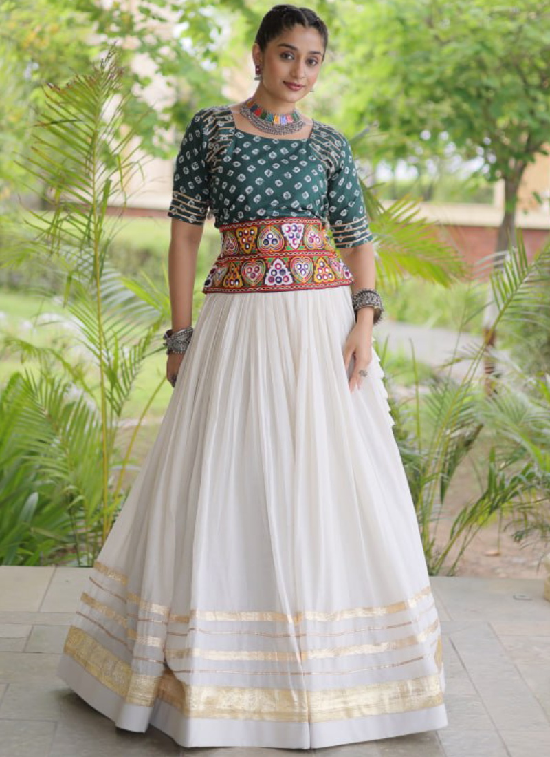 Bandhani Printed Teal Green Cora Cotton Gamthi Embroidered Lehenga Set