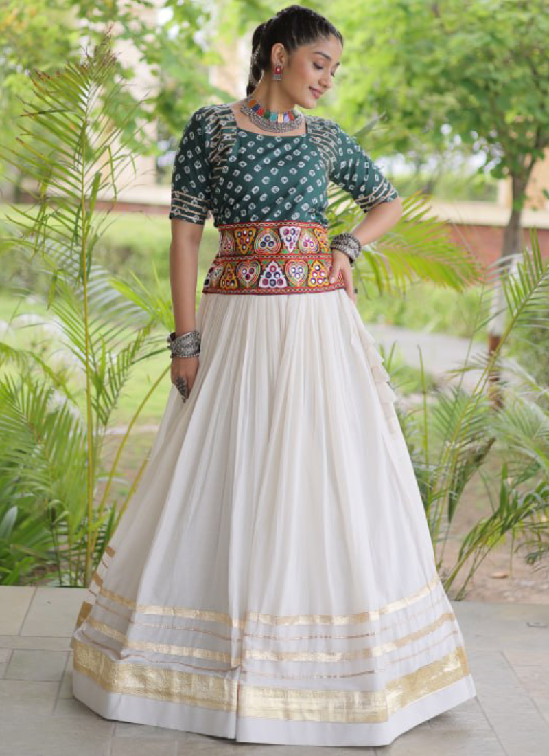 Bandhani Printed Teal Green Cora Cotton Gamthi Embroidered Lehenga Set