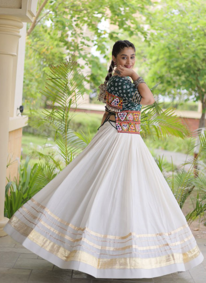 Bandhani Printed Teal Green Cora Cotton Gamthi Embroidered Lehenga Set