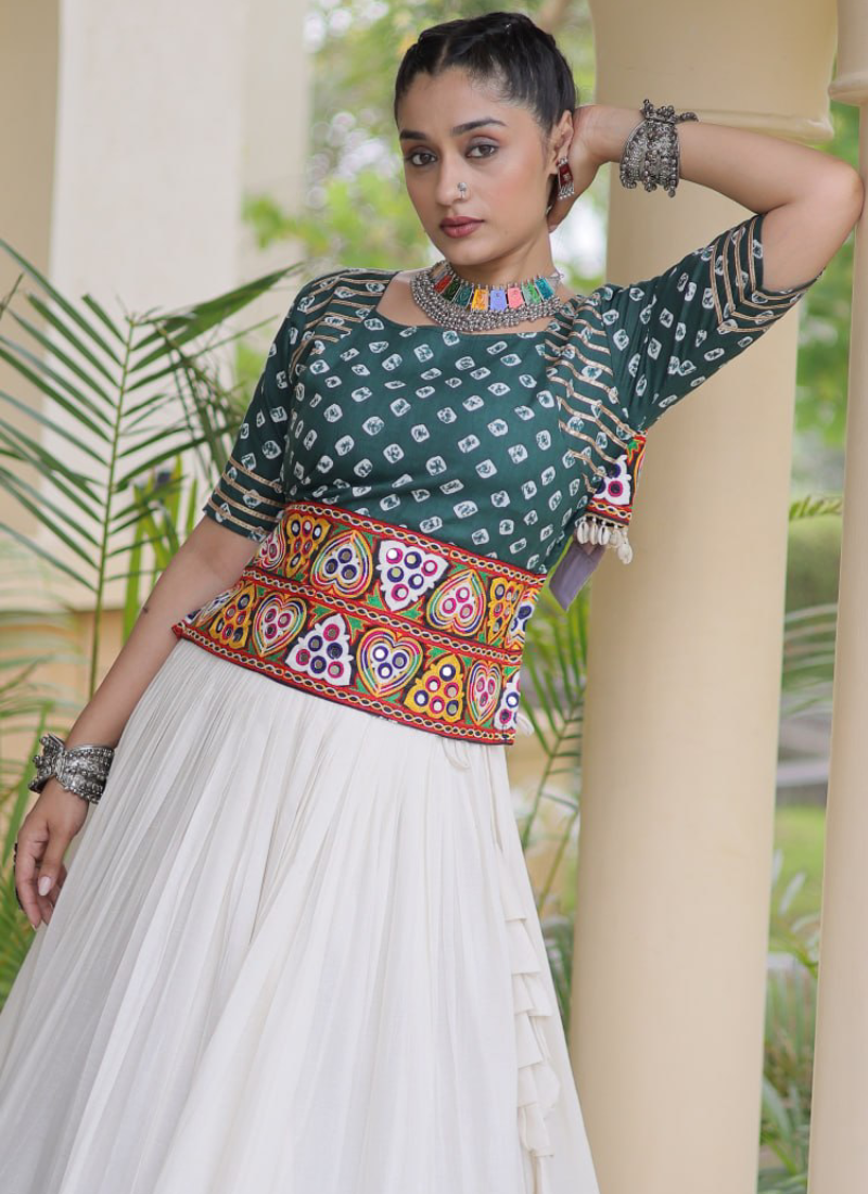 Bandhani Printed Teal Green Cora Cotton Gamthi Embroidered Lehenga Set