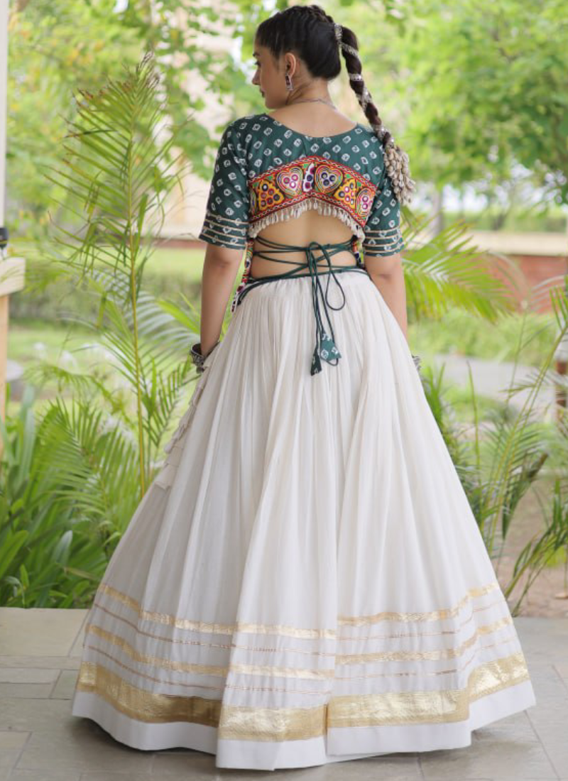 Bandhani Printed Teal Green Cora Cotton Gamthi Embroidered Lehenga Set