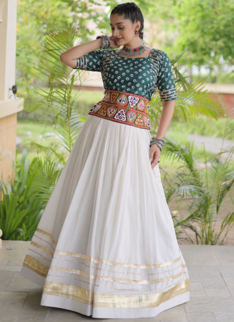 Bandhani Printed Teal Green Cora Cotton Gamthi Embroidered Lehenga Set