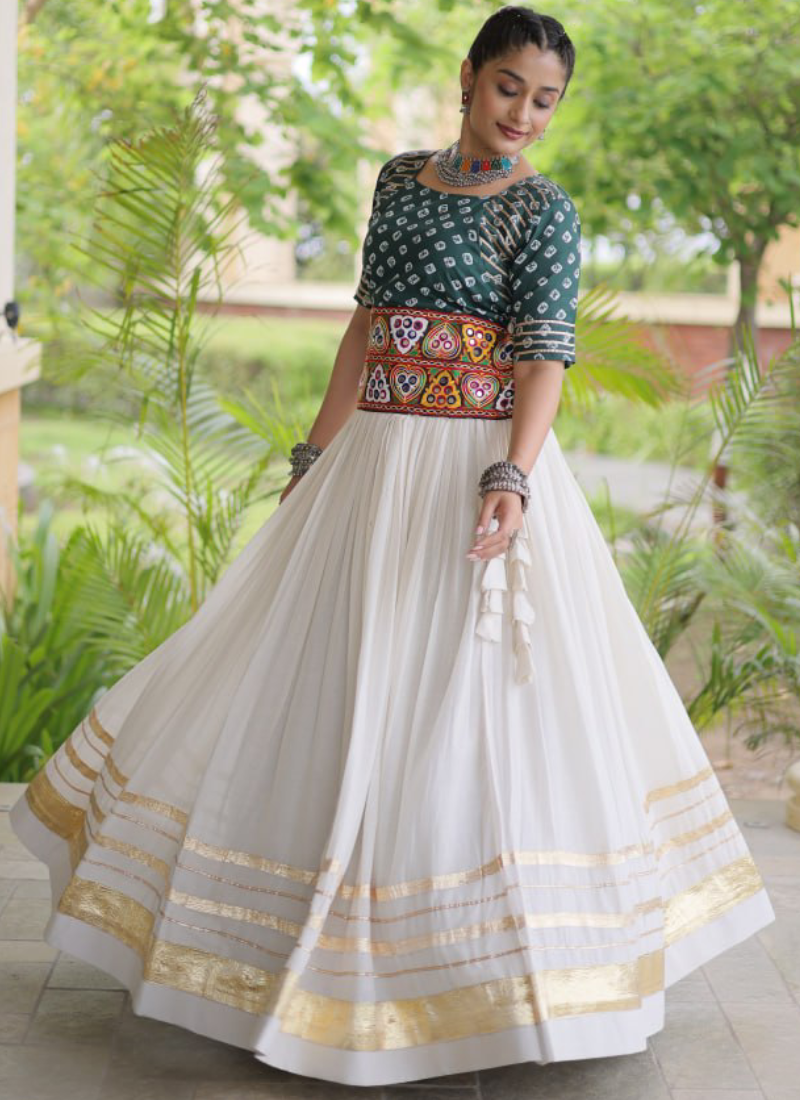 Bandhani Printed Teal Green Cora Cotton Gamthi Embroidered Lehenga Set