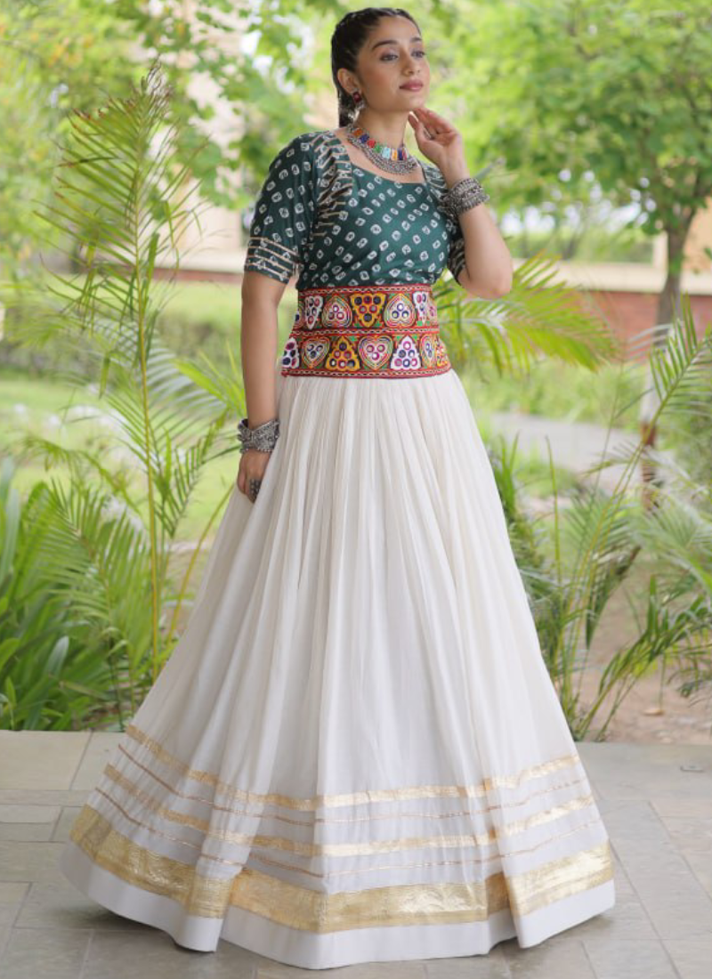 Bandhani Printed Teal Green Cora Cotton Gamthi Embroidered Lehenga Set