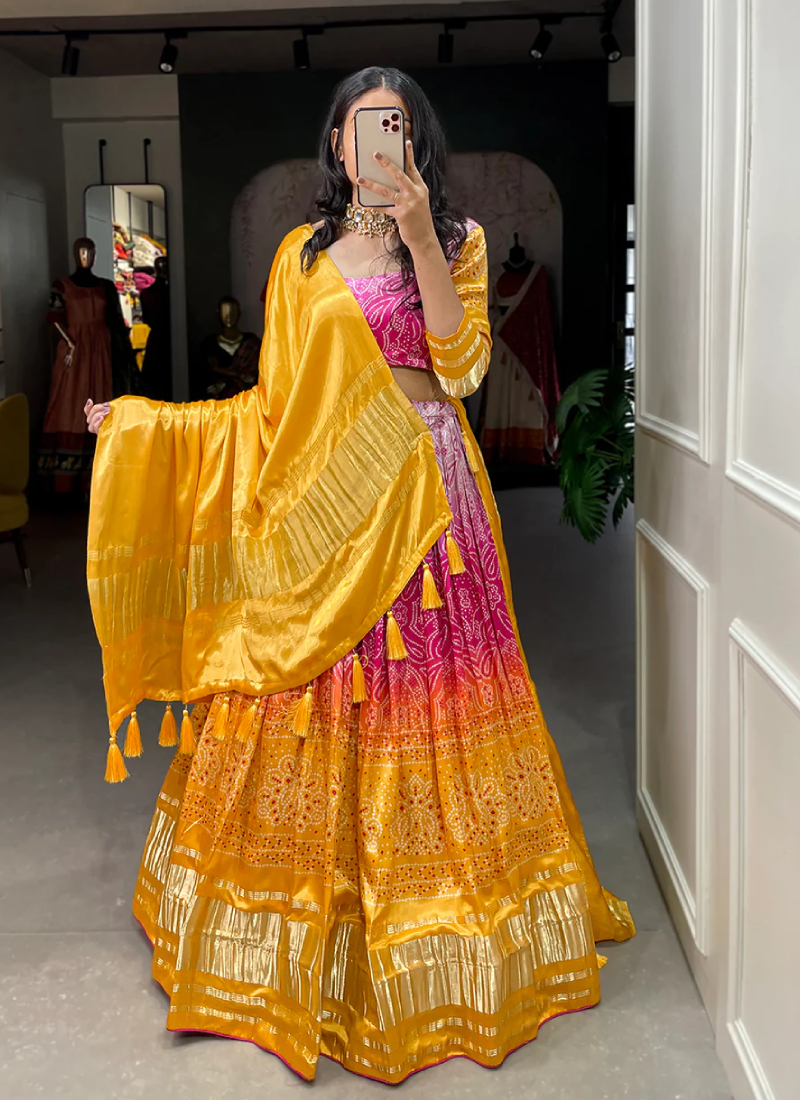 Bandhej Printed Yellow Gaji Silk Haldi Special Lehenga Choli