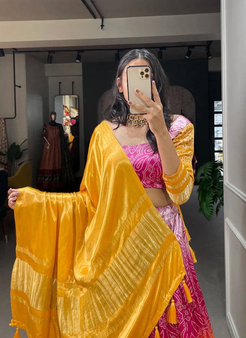 Bandhej Printed Yellow Gaji Silk Haldi Special Lehenga Choli