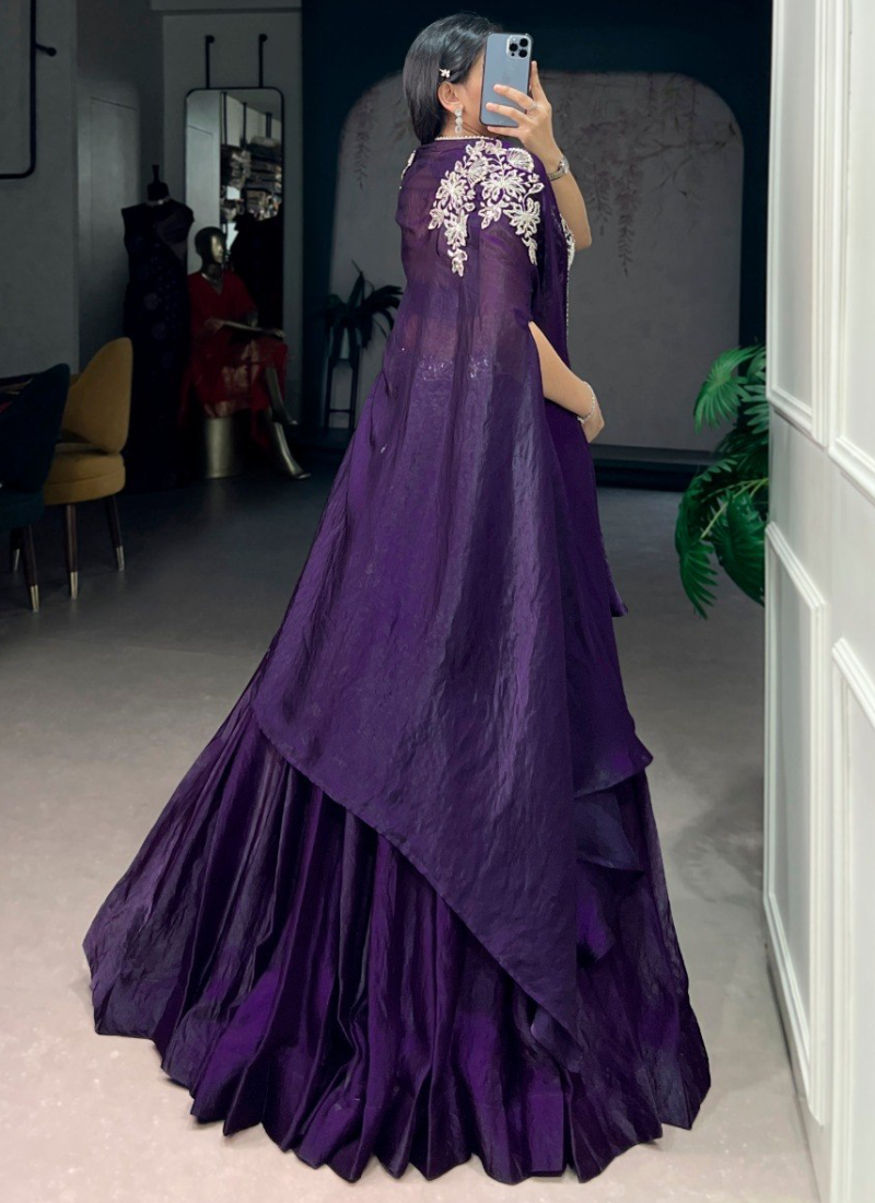 Beads Embroidered Fendi Silk Purple Lehenga Choli With Designer Jacket
