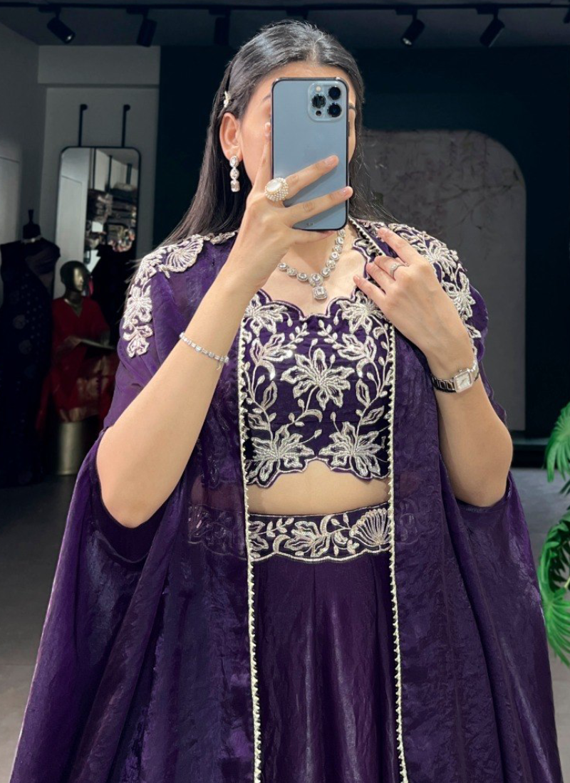 Beads Embroidered Fendi Silk Purple Lehenga Choli With Designer Jacket