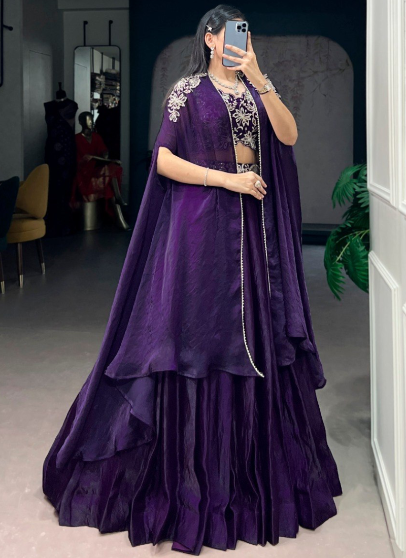 Beads Embroidered Fendi Silk Purple Lehenga Choli With Designer Jacket