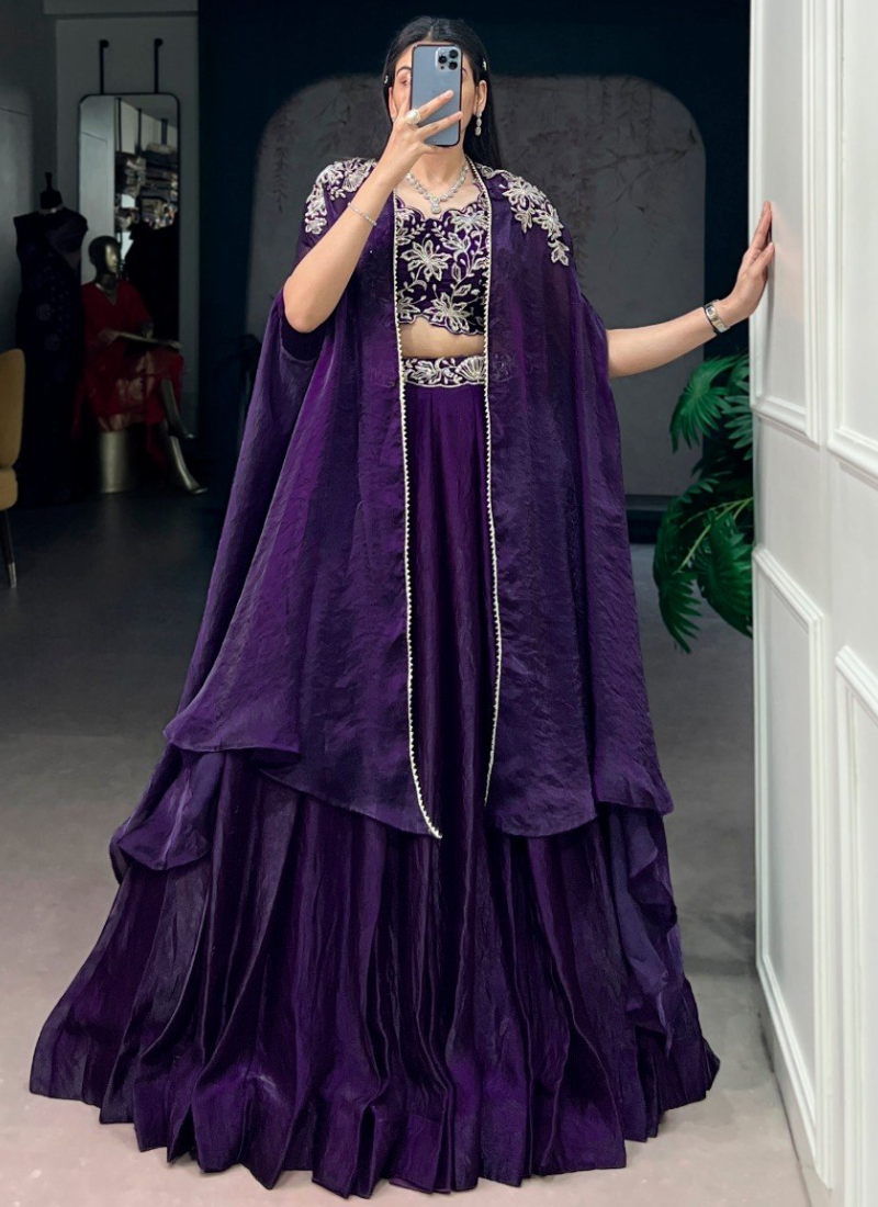 Beads Embroidered Fendi Silk Purple Lehenga Choli With Designer Jacket