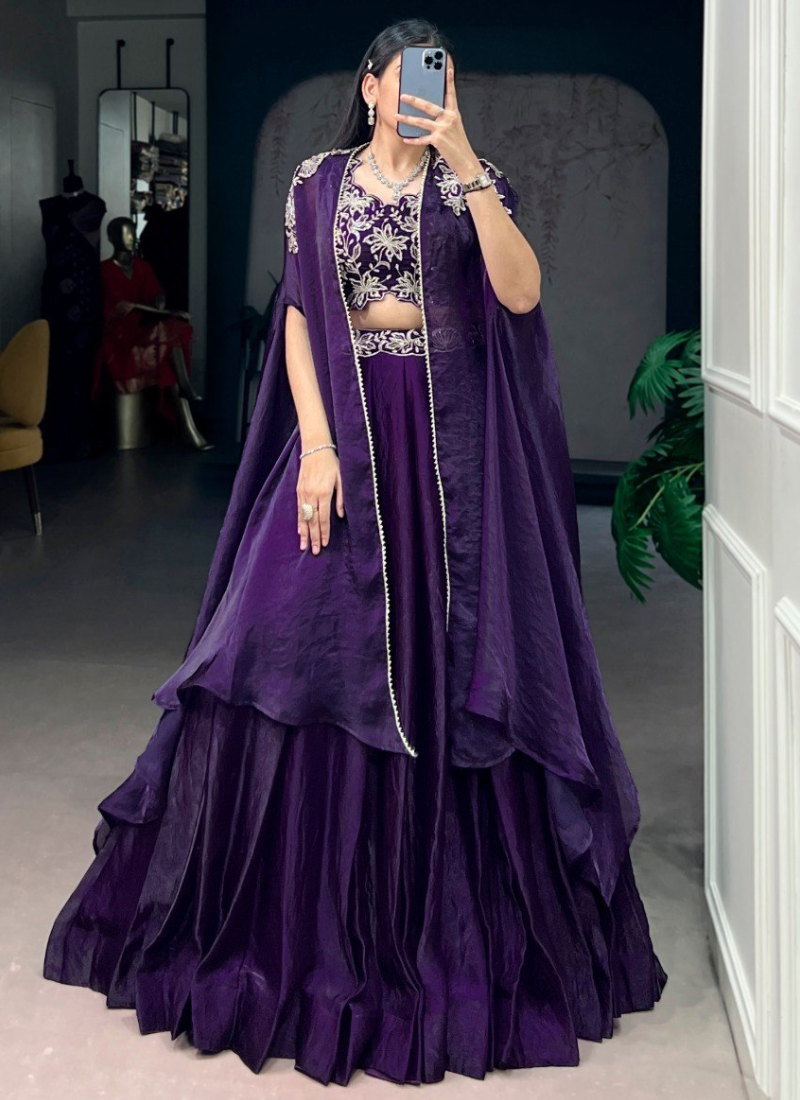 Beads Embroidered Fendi Silk Purple Lehenga Choli With Designer Jacket