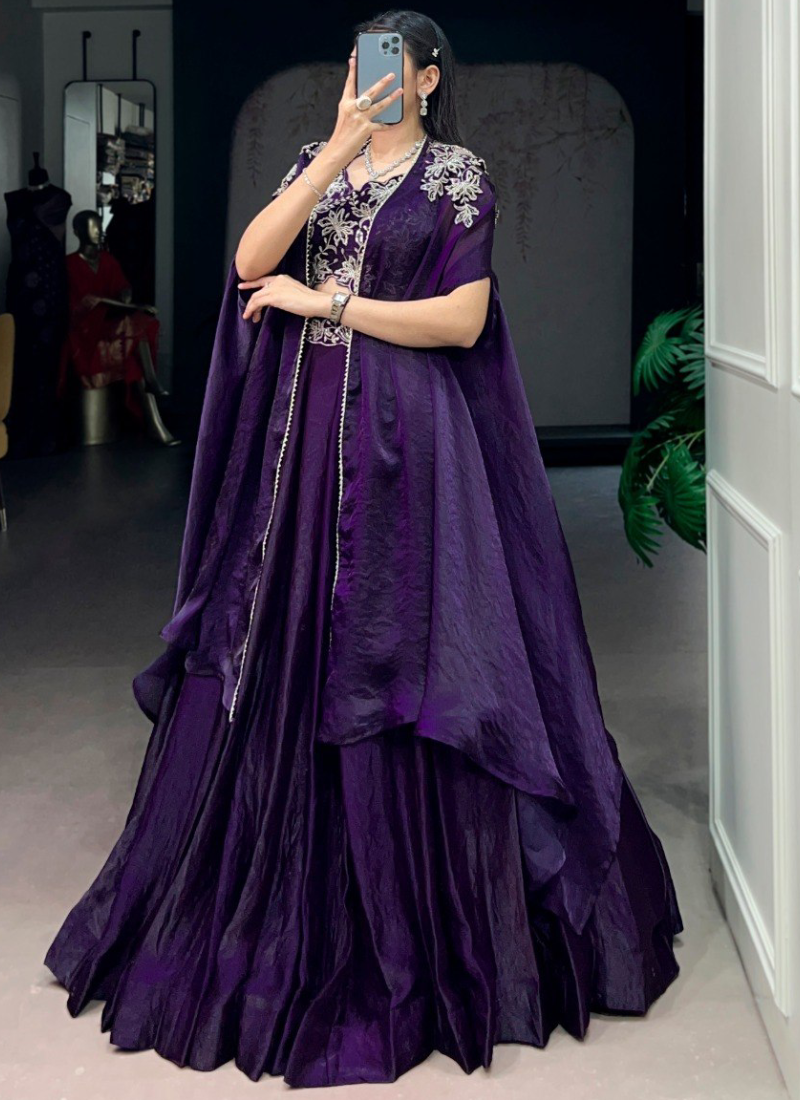 Beads Embroidered Fendi Silk Purple Lehenga Choli With Designer Jacket